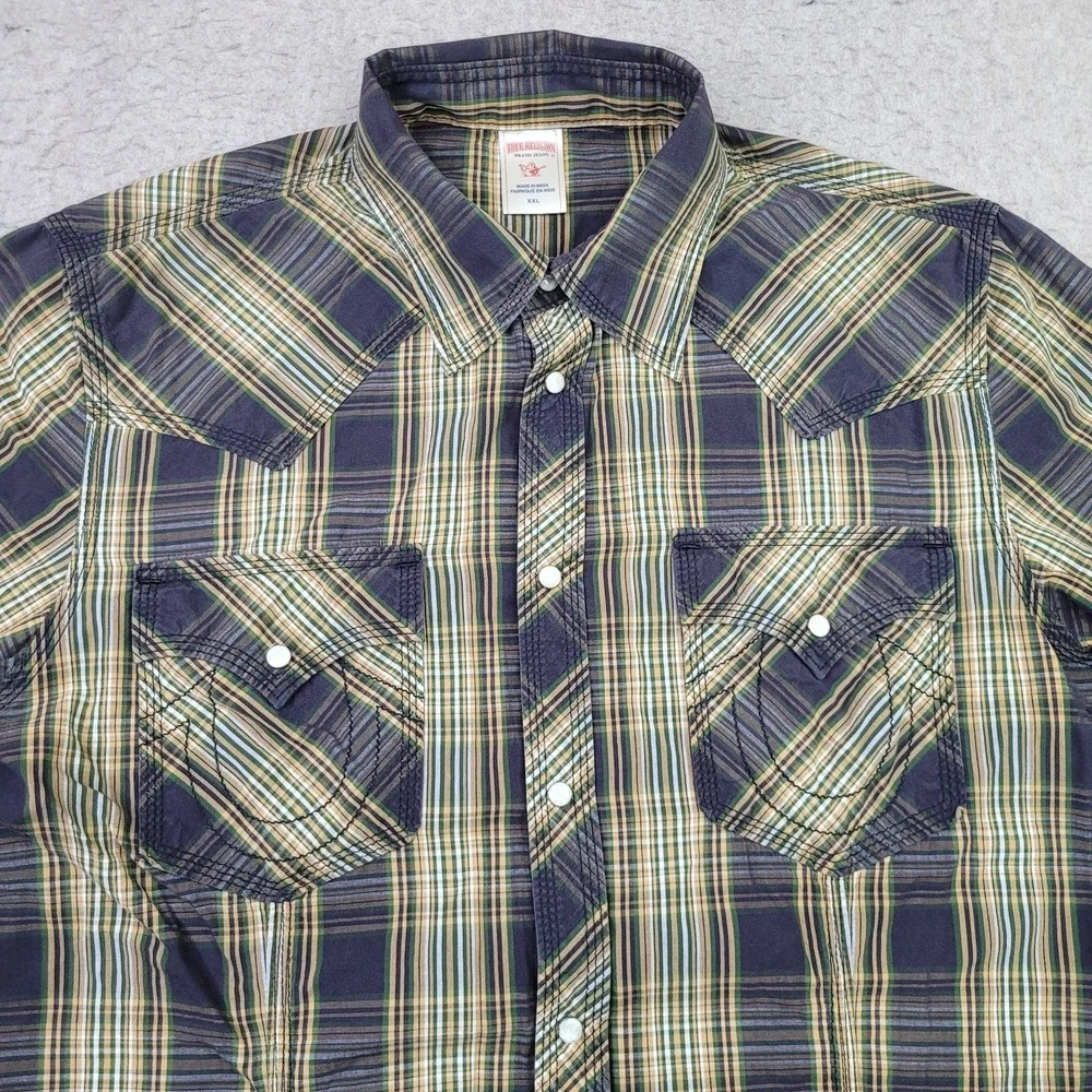 True Religion Pearl Snap Western Shirt Mens 2XL Green Plaid Long Sleeve
